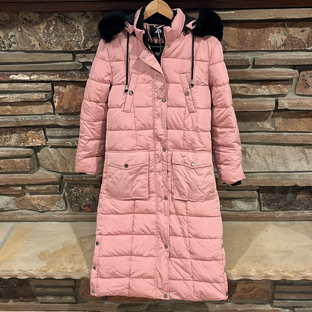 Outdoor Brand Pink Puffer Parka with Black Faux Fur Hood Trim